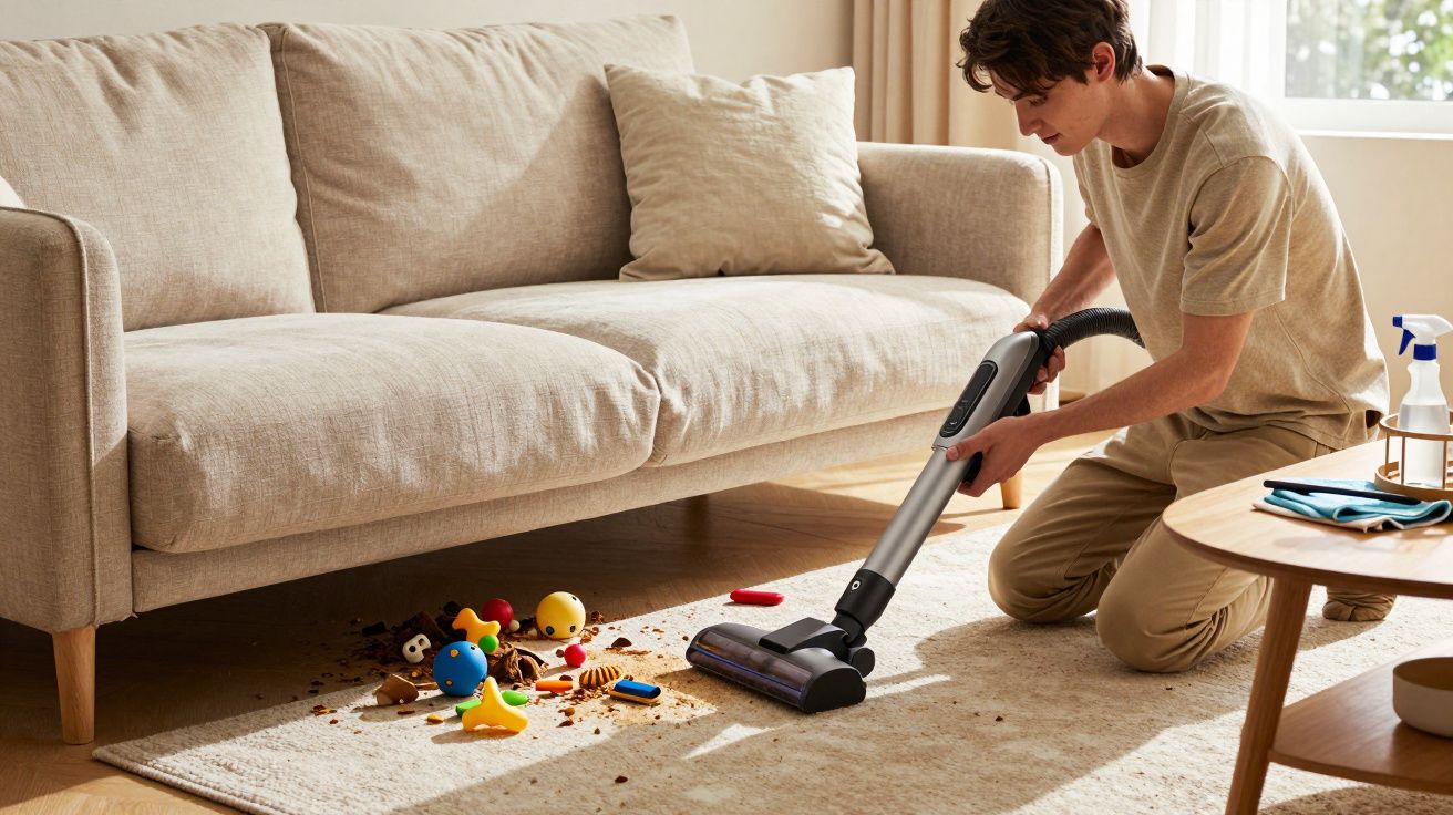 Person vacuuming a beige rug with scattered toys and dirt next to a light brown sofa in a bright living room.