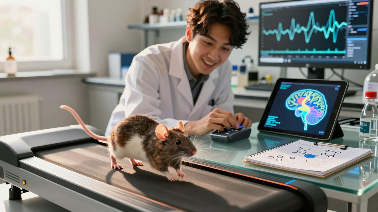 Scientist in lab coat observing a rat on a treadmill with brain scans on computer screens nearby.