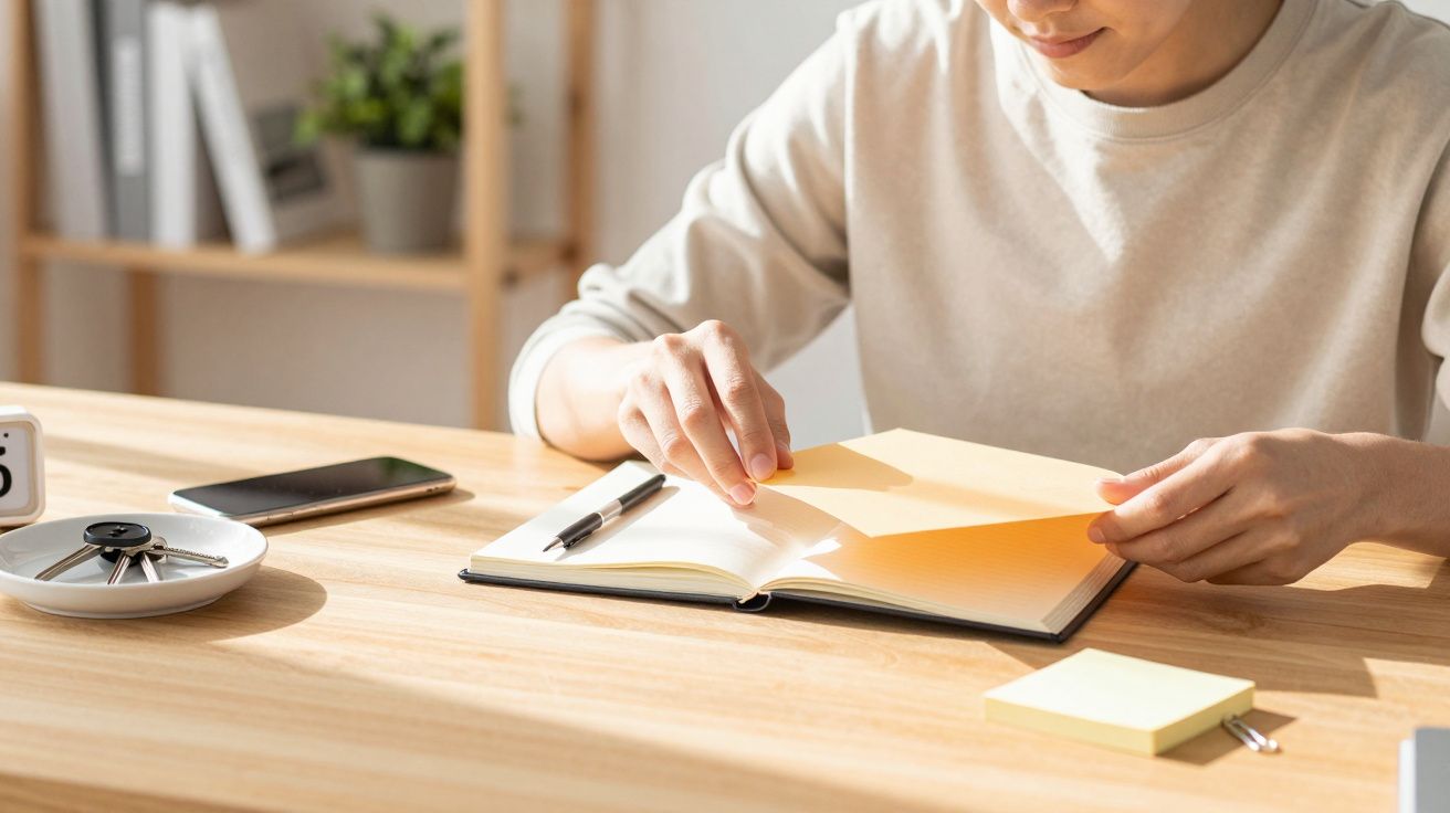 Person placing sticky notes in a notebook on a sunlit desk with a smartphone, sticky notes, and a dish of paper clips.
