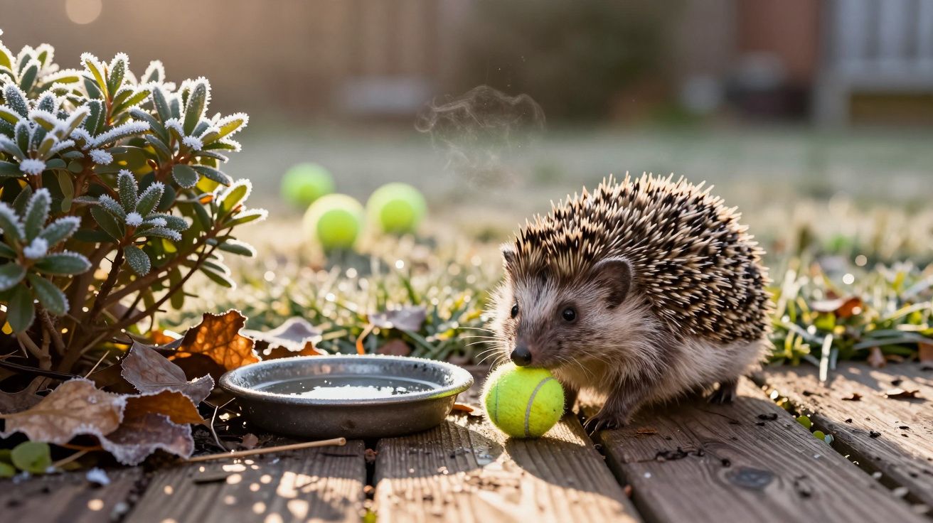 A hedgehog on a wooden deck with tennis balls, beside a frost-touched plant and a shallow dish of water in a garden.