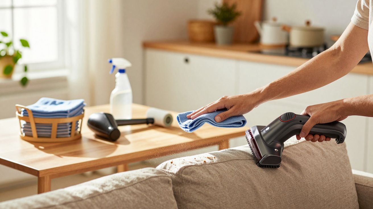 Person cleaning a sofa with a handheld vacuum, cleaning cloth in hand; cleaning supplies on table in bright kitchen.