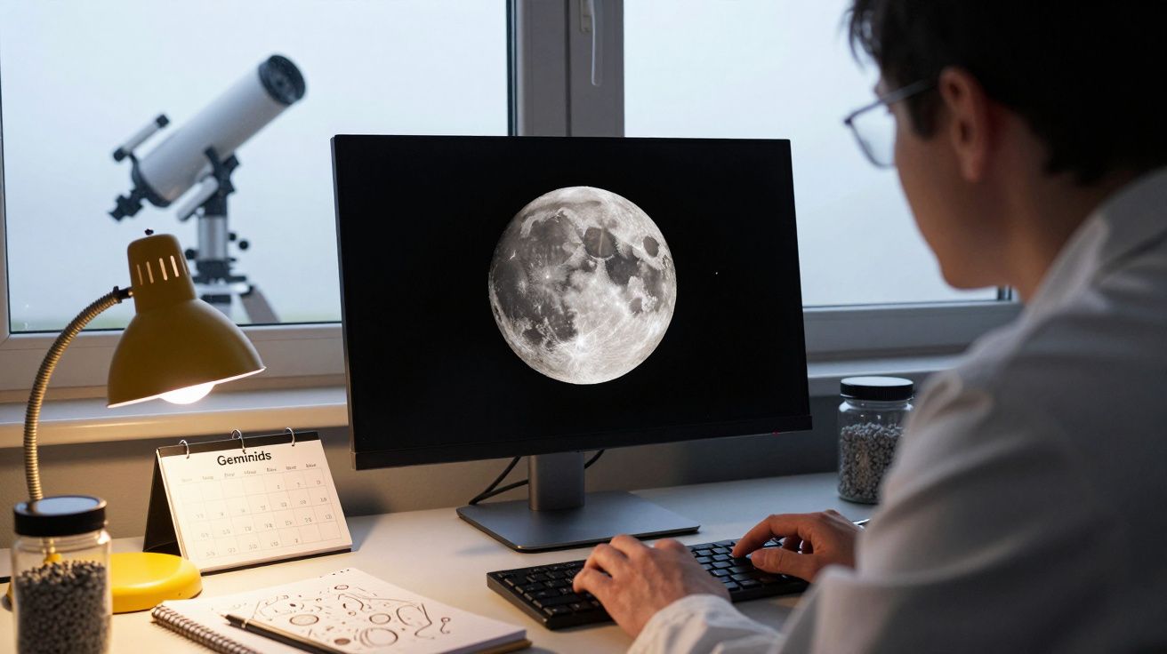 Person studying the Moon on a computer screen indoors, with a telescope and calendar nearby.