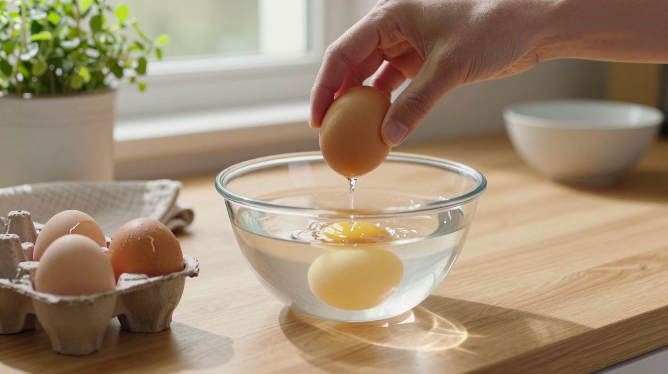 Hand cracking egg into a glass bowl on a wooden table, with eggshells in a carton and a small plant in the background.