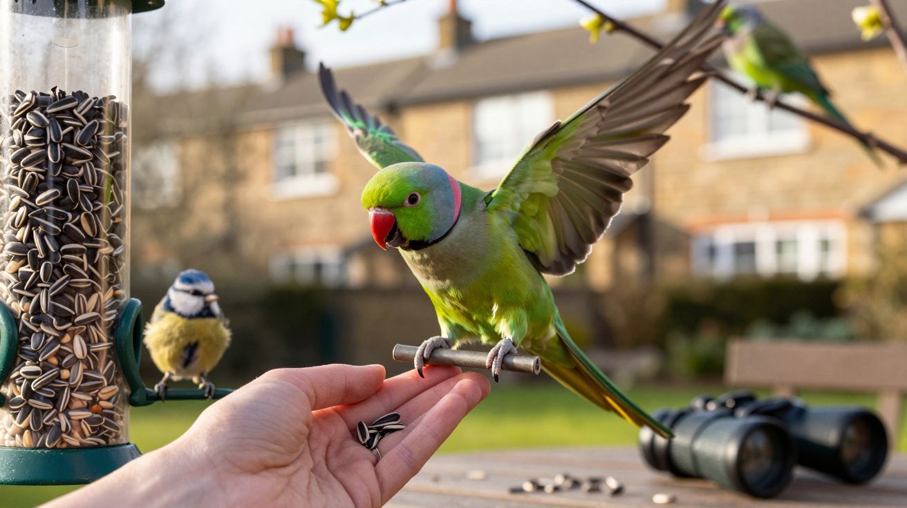 Green parakeet lands on a hand holding seeds, while a blue tit perches nearby on a bird feeder, with houses in the background