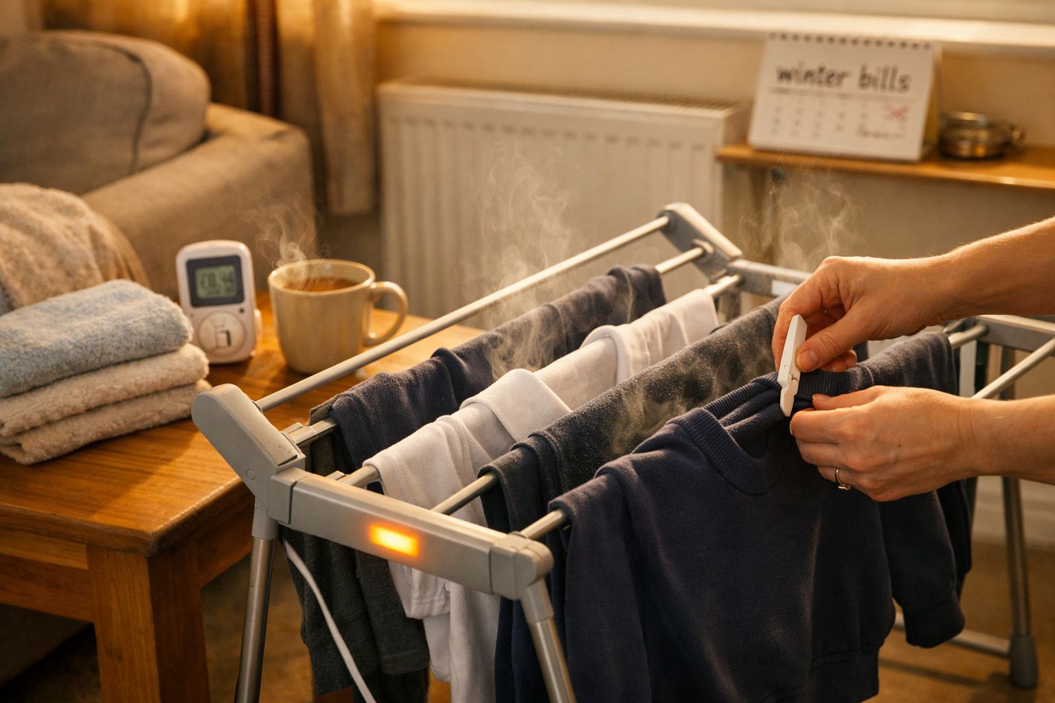 Hands placing a steaming grey jumper on a drying rack near a window, with a cup of tea and towel stack nearby.