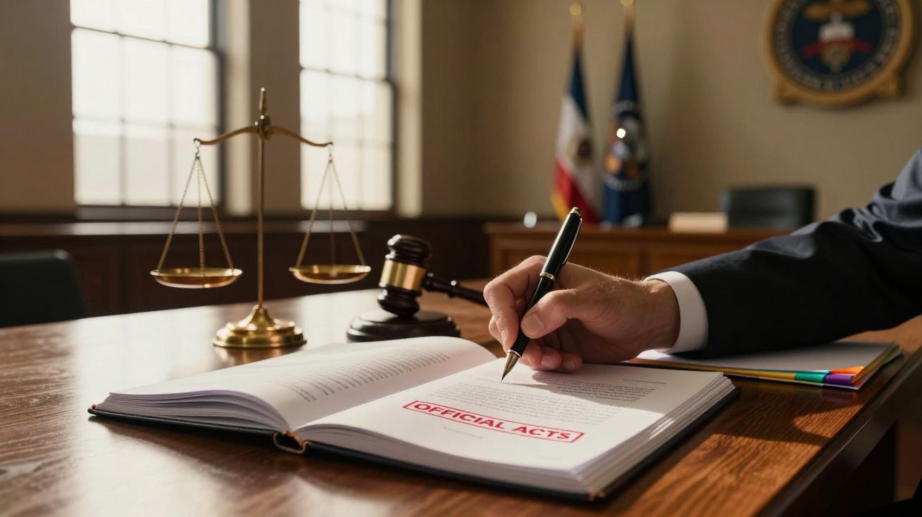 Close-up of a hand writing in a legal document on a wooden desk, next to a gavel and scales of justice.