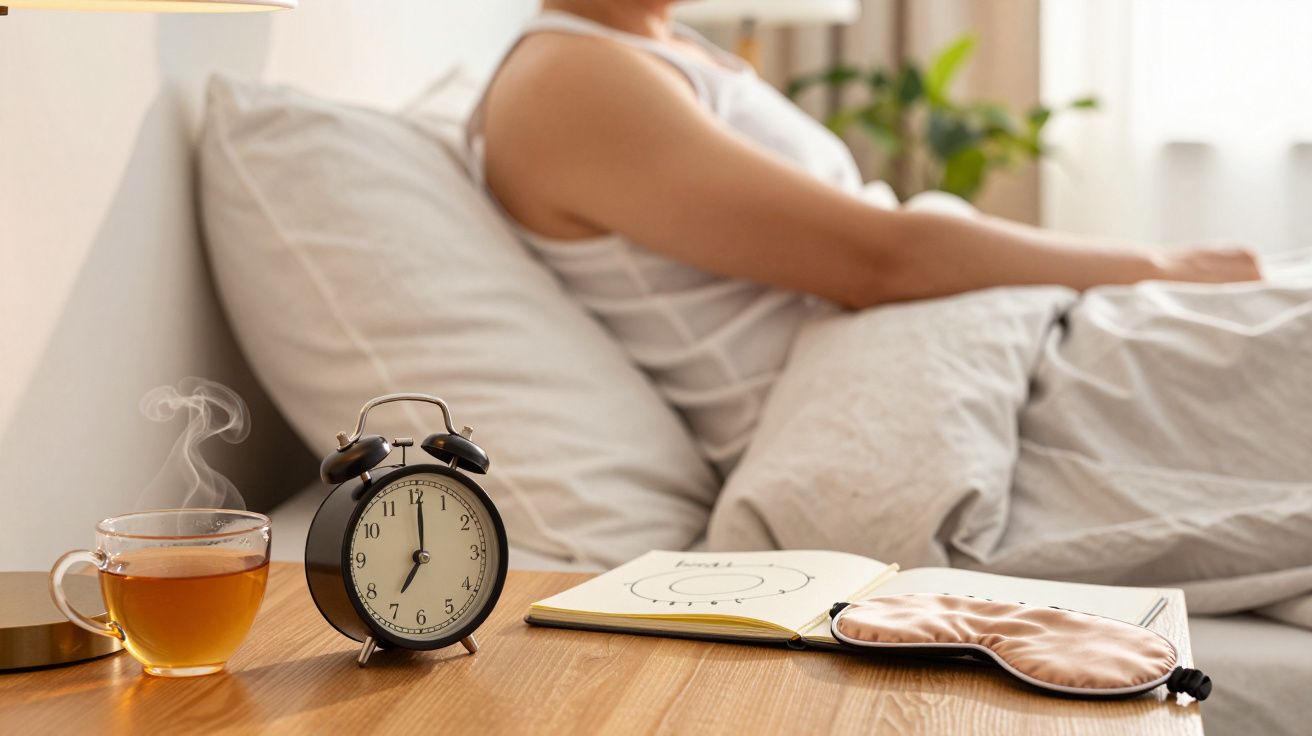 Person in bed with an alarm clock, tea, open book, and sleep mask on bedside table.