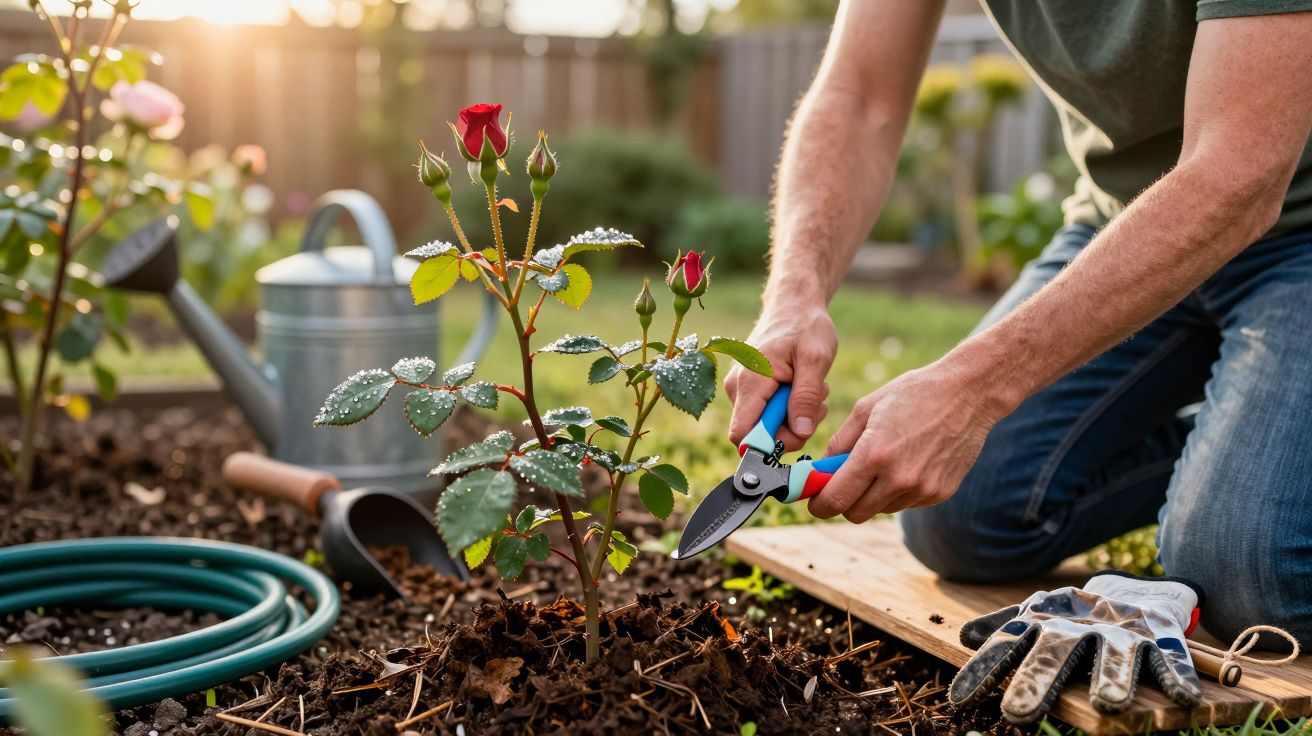 Person kneeling in garden pruning a rose bush with shears, surrounded by gardening tools and a watering can.