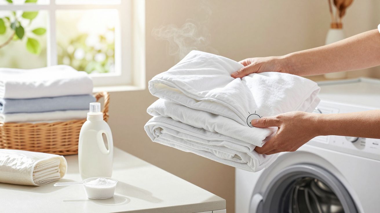 Person holding freshly laundered, steaming clothes by a washing machine in a bright laundry room.