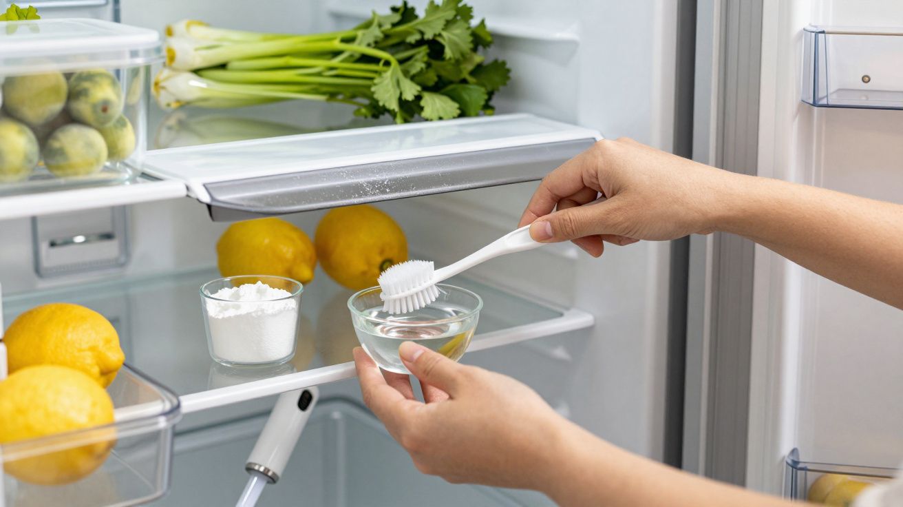 Person cleaning a refrigerator shelf with a brush, surrounded by lemons, celery, and a baking soda container.