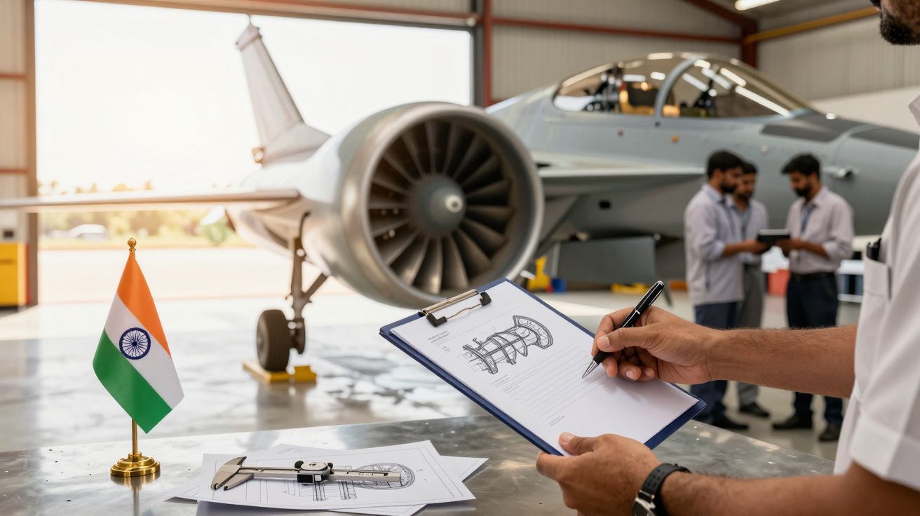 Engineer reviews aircraft schematics in hangar; Indian flag in foreground, jet fighter and team in background.