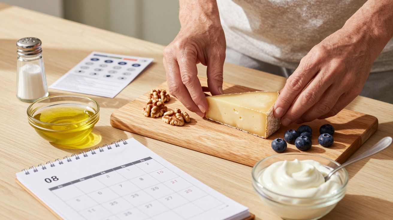 Hands preparing cheese on a board with walnuts, blueberries, olive oil, yoghurt, salt, calendar, and pill organizer.