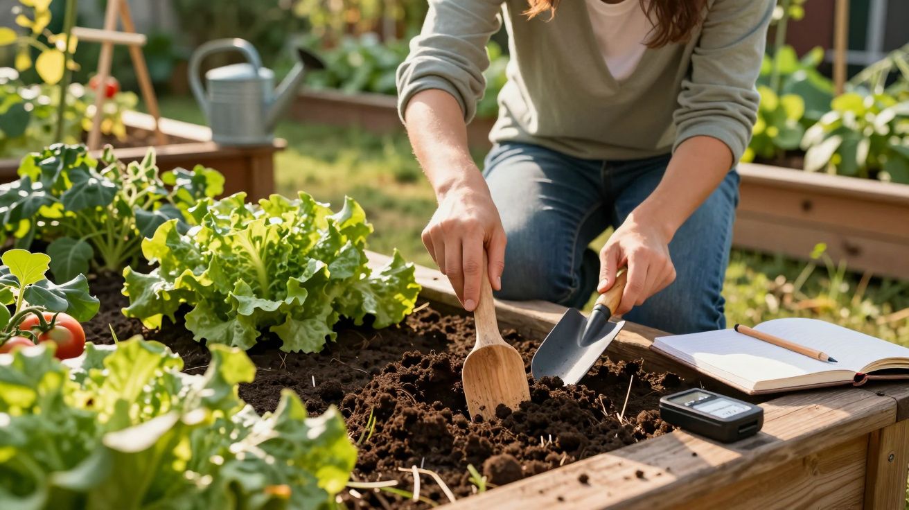 Person gardening in a raised bed, using small hand tools to dig soil near leafy green plants and taking notes nearby.