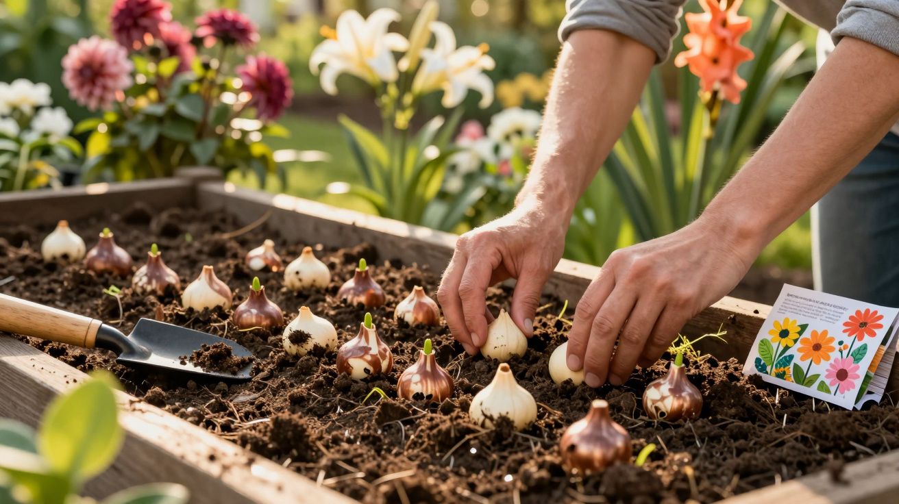 Hands planting flower bulbs in a garden bed with a trowel and a seed packet nearby.