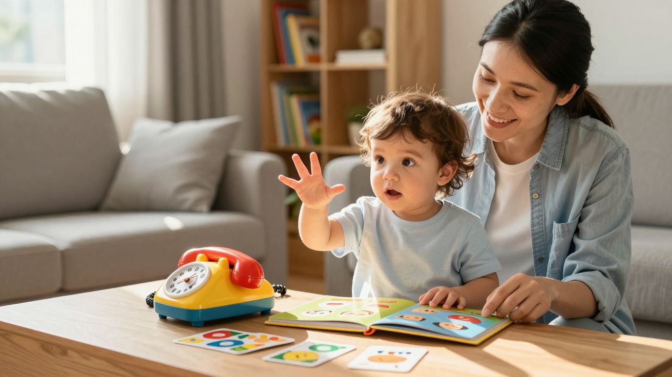 Young child and woman sitting at a table playing with a toy phone and picture cards in a living room.