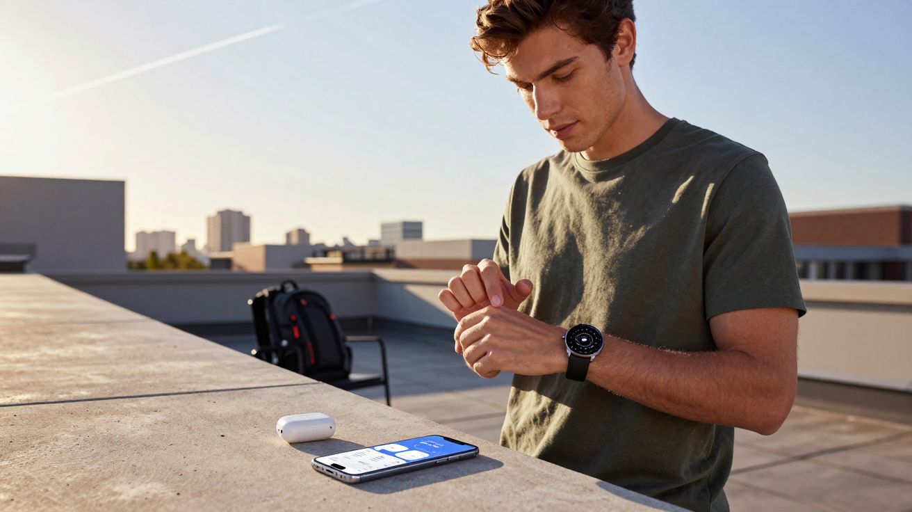 Young man on rooftop checking smartwatch, phone and wireless earbuds on ledge nearby with cityscape background.