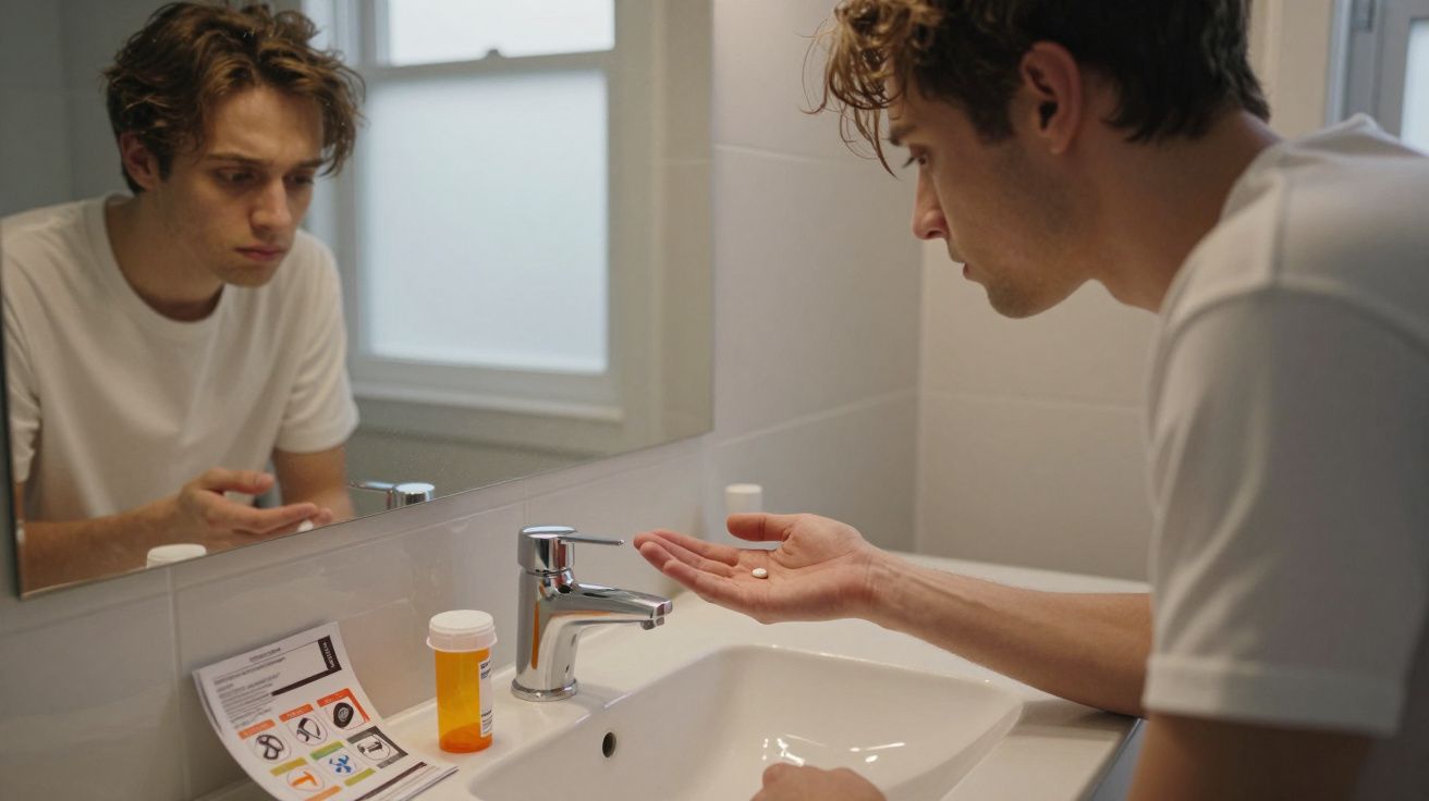 Young man looking at a pill in his hand while standing at a bathroom sink with medication bottle and instructions.