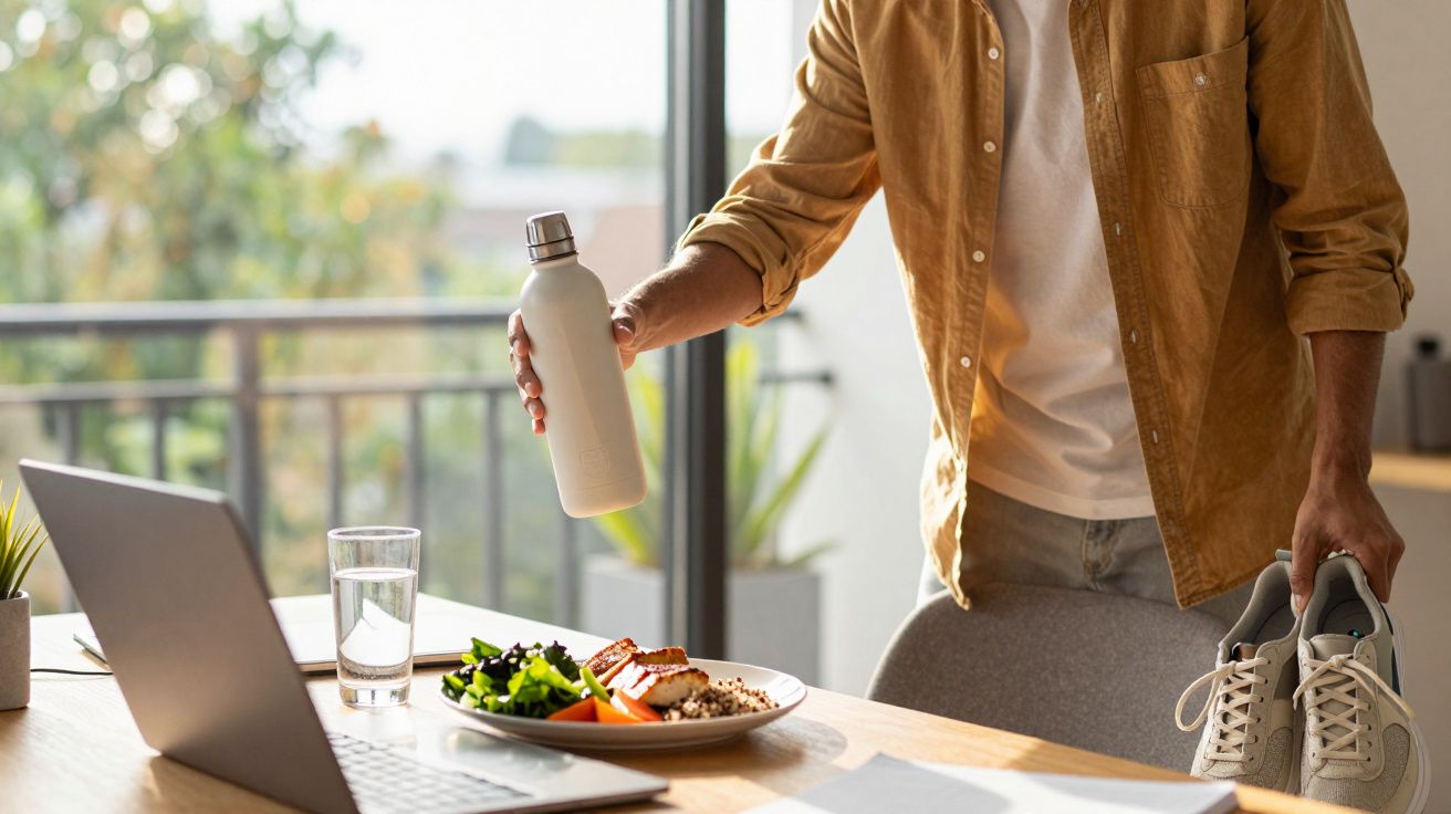 Person holding water bottle and sneakers near a desk with a laptop, plate of food, and glass of water by a window.