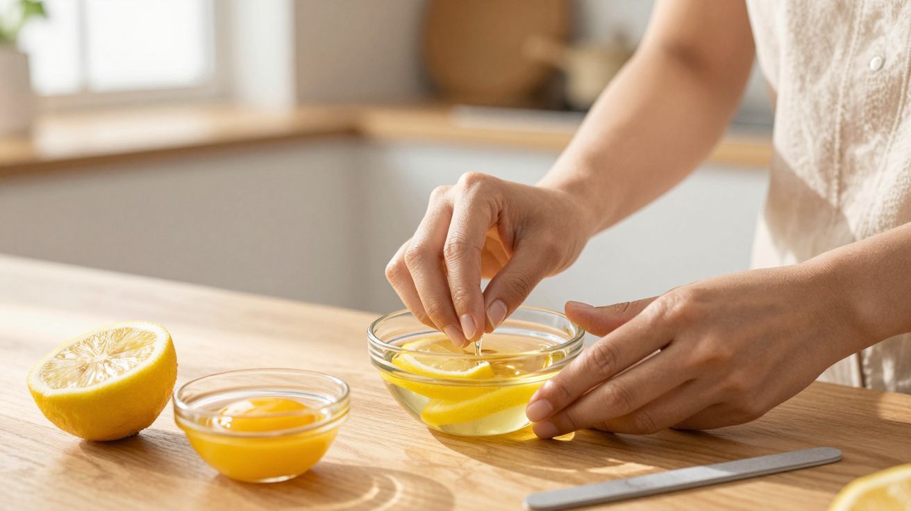 Person squeezing lemon juice into a glass bowl on a wooden kitchen counter with a lemon half nearby.