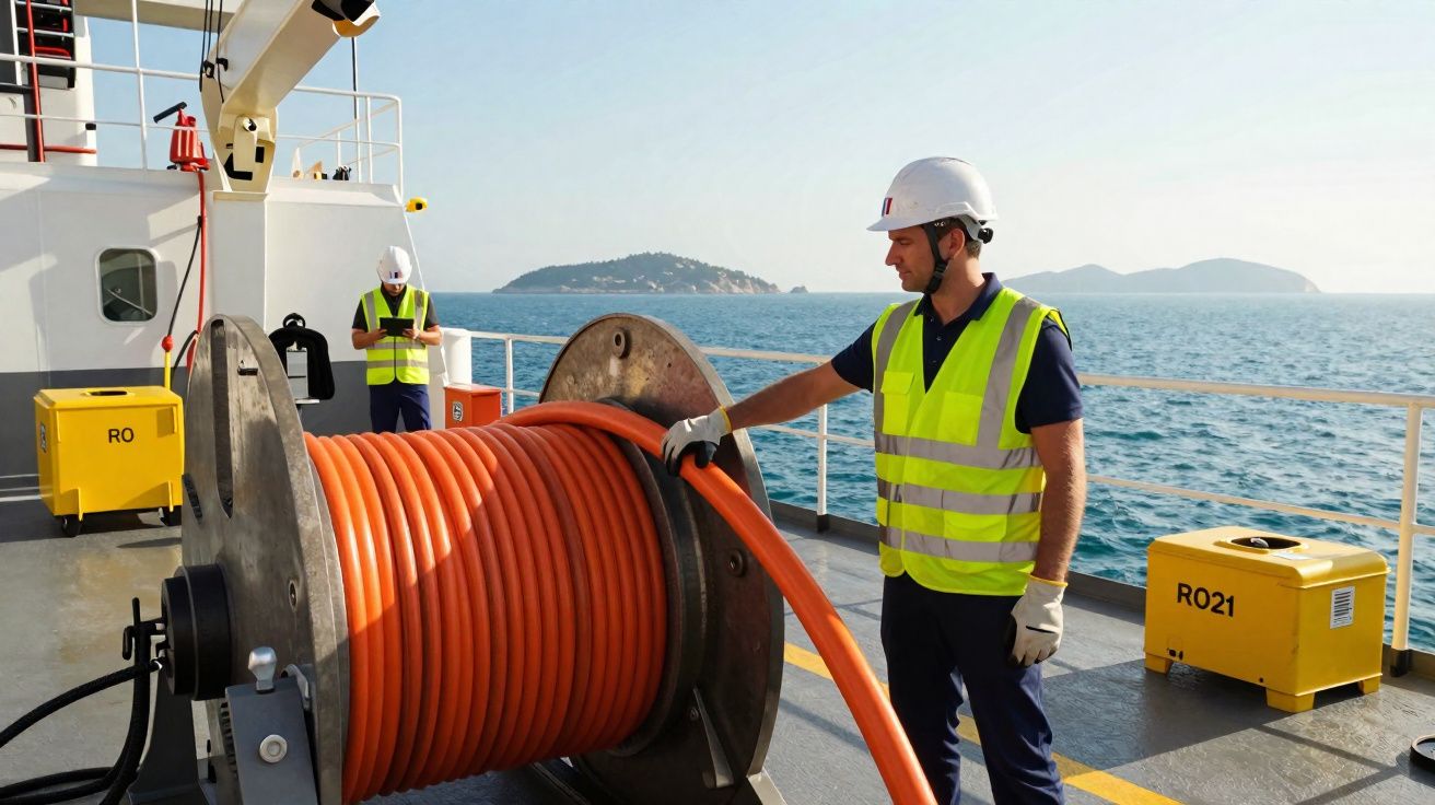 Worker in high-visibility vest and helmet handling large orange cable reel on ship deck with sea and islands in background.
