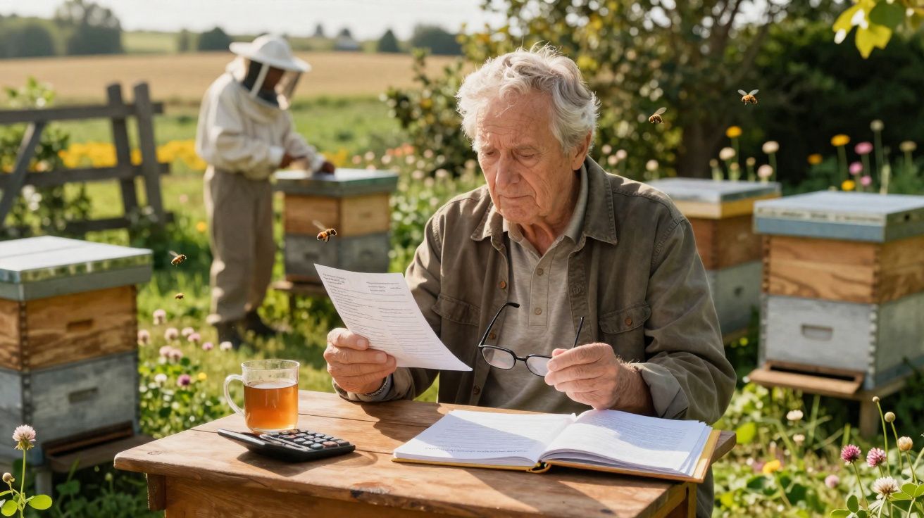 Elderly man reading papers at a wooden table in a garden with beehives and a beekeeper working in the background.