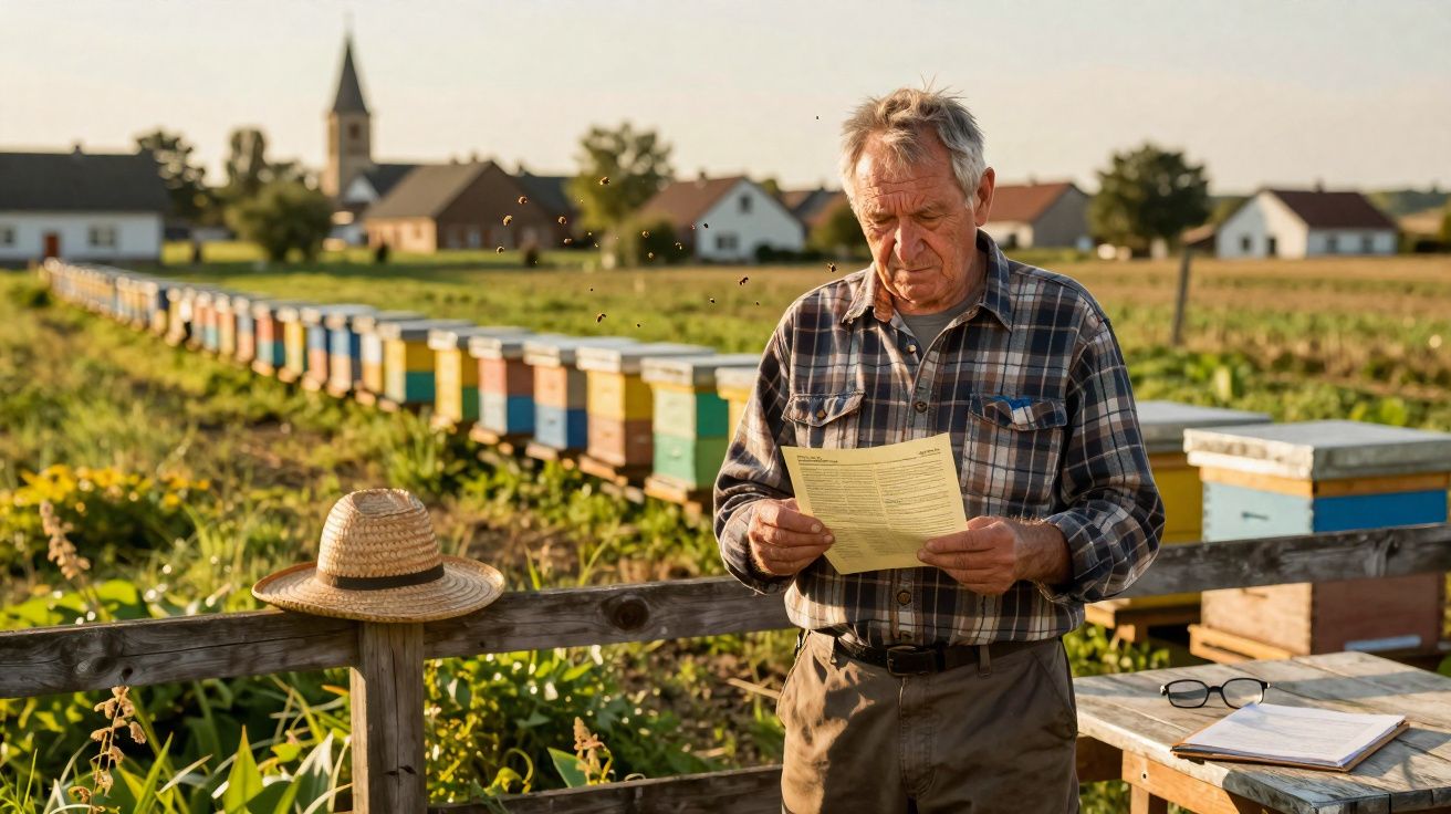Elderly beekeeper reading a document near colourful beehives in a sunny rural area with houses and a church in the background
