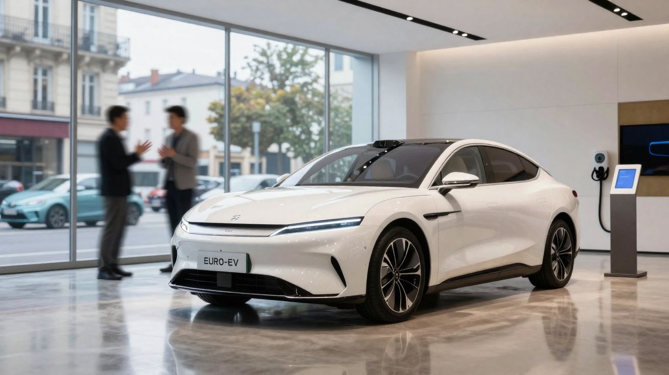 White electric car Euro-EV displayed indoors with two blurred people talking outside large glass windows.