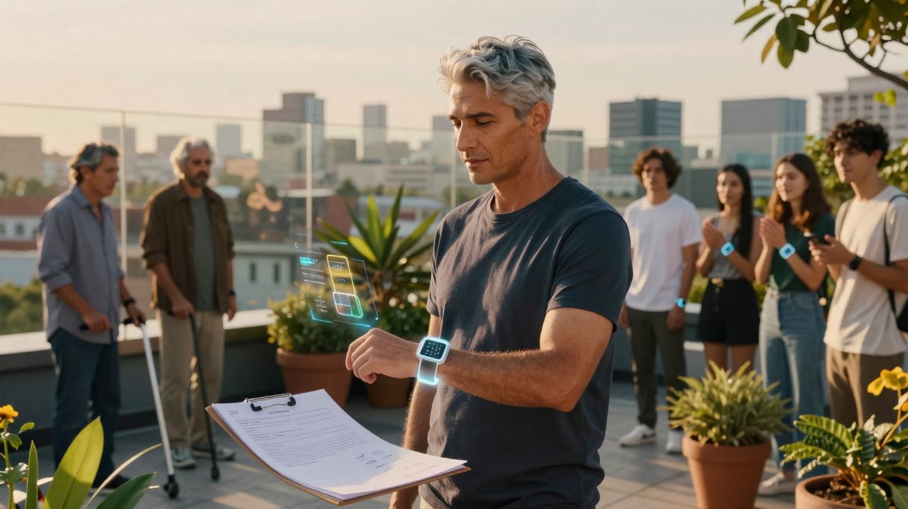 Man using a smartwatch with holographic interface on rooftop, people applauding in the background.