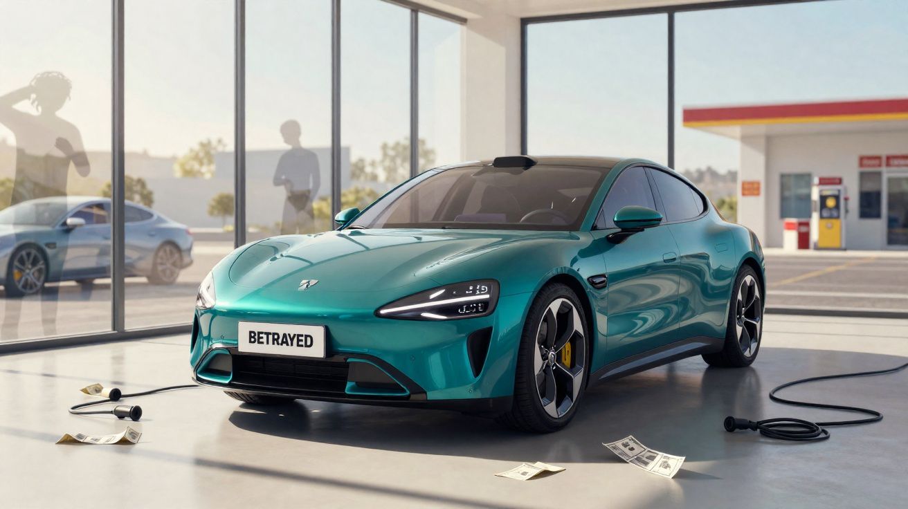 Teal electric sports car named "Betrayed" in a showroom with charging cables and cash on the floor.