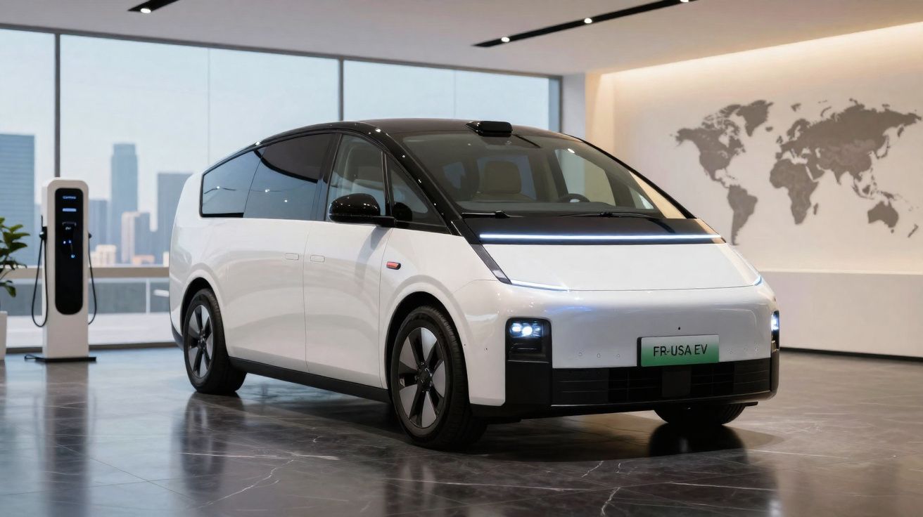 White electric minivan parked indoors next to a charging station with a world map on the wall behind.