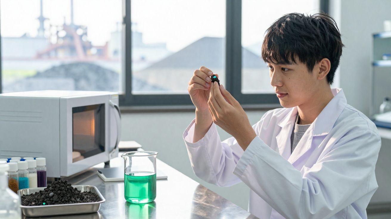 Scientist in lab coat examining black pellets in a bright laboratory with equipment and chemicals nearby.