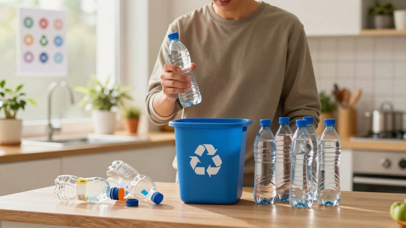 Person placing a plastic water bottle into a blue recycling bin on a kitchen table with other bottles nearby.