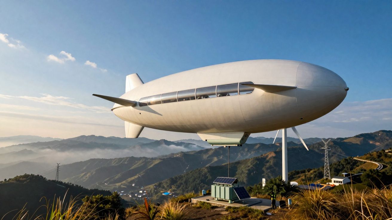 White blimp with windows flying above mountainous landscape under clear blue sky at sunset.