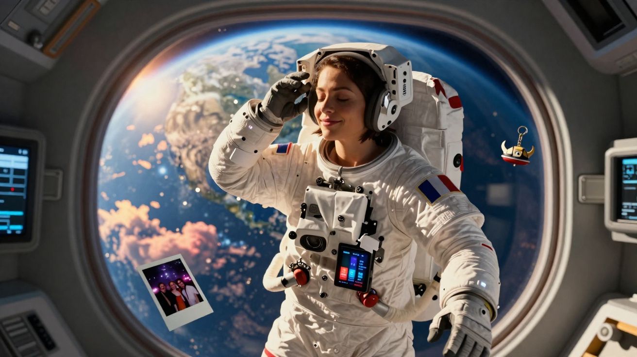 Female astronaut in spacesuit inside spacecraft with Earth visible through large window behind her.
