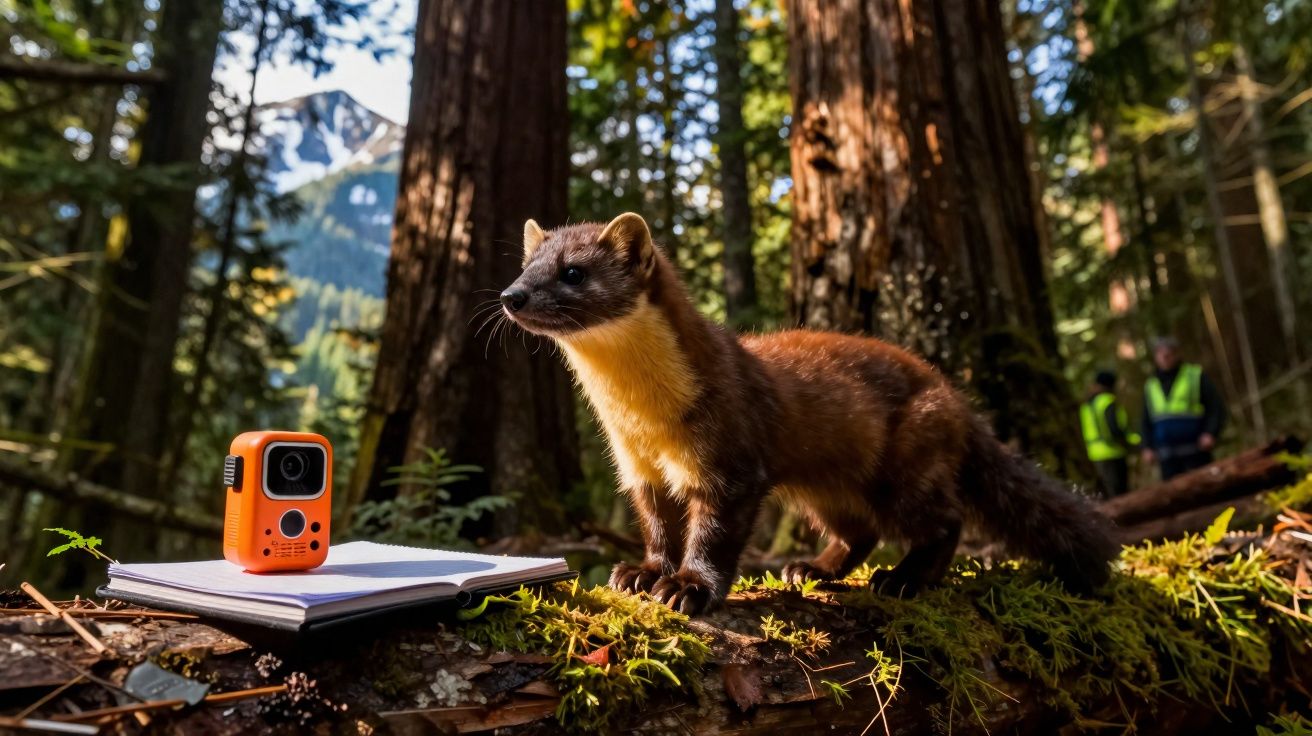A pine marten stands on mossy log beside an open notebook and orange camera in a forest with towering trees.