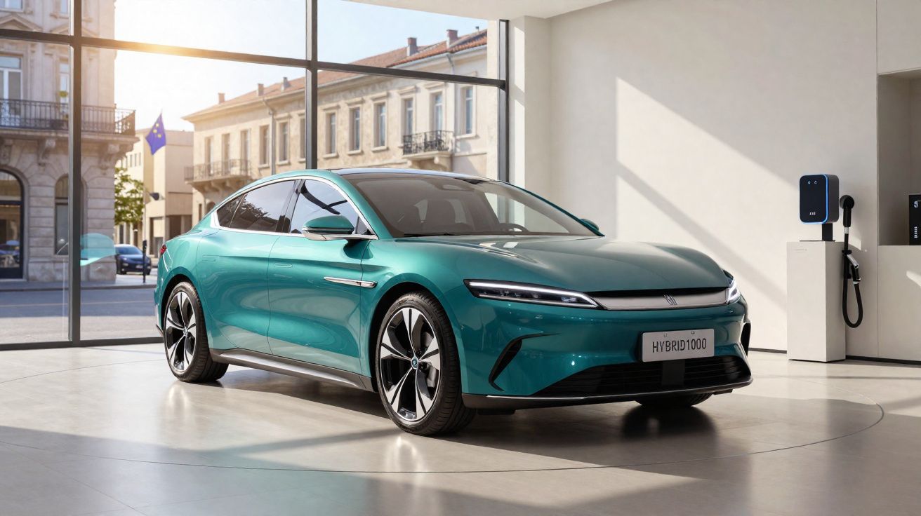 Sleek green electric hybrid car displayed indoors near a charging station with large windows showing urban buildings.