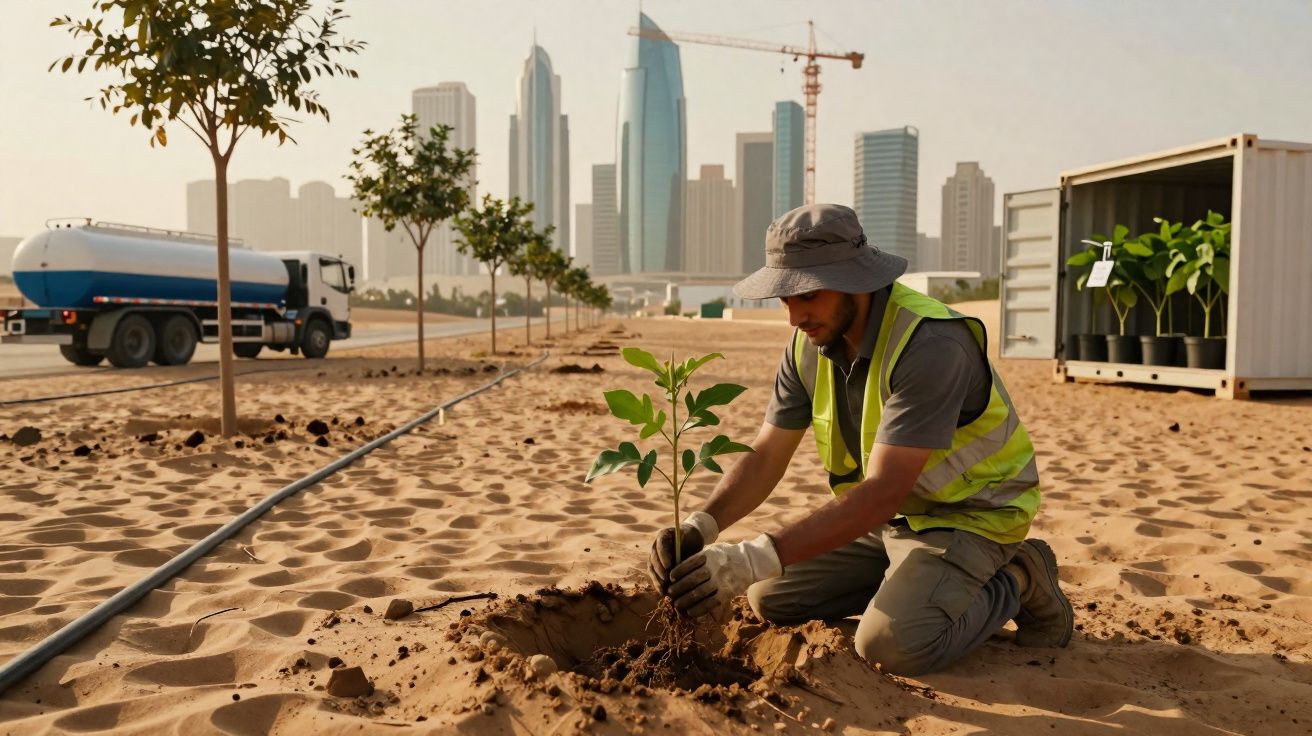 Worker planting a tree seedling in a desert area with city skyscrapers and a water truck in the background.