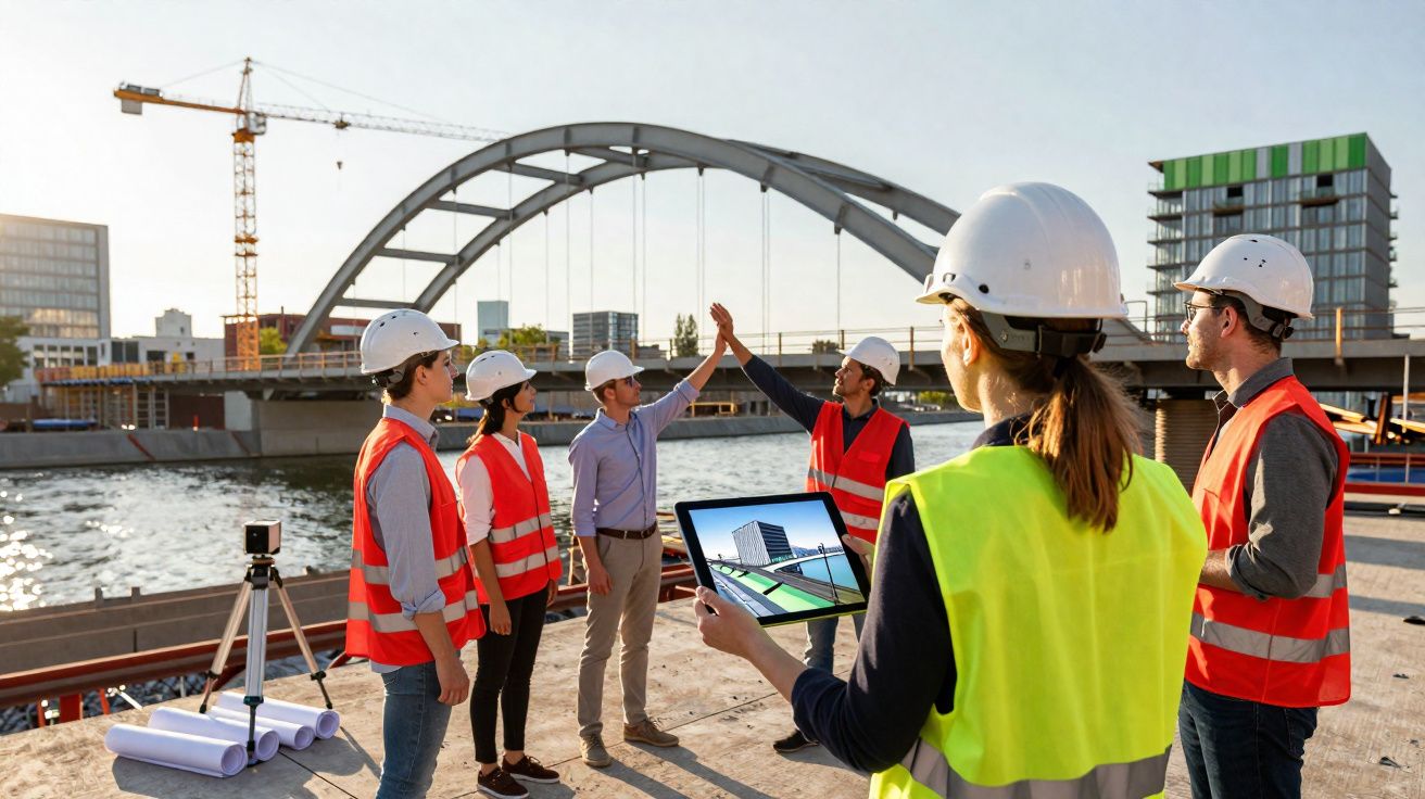 Construction workers in safety gear collaborate and celebrate at a riverside site with a bridge in the background.