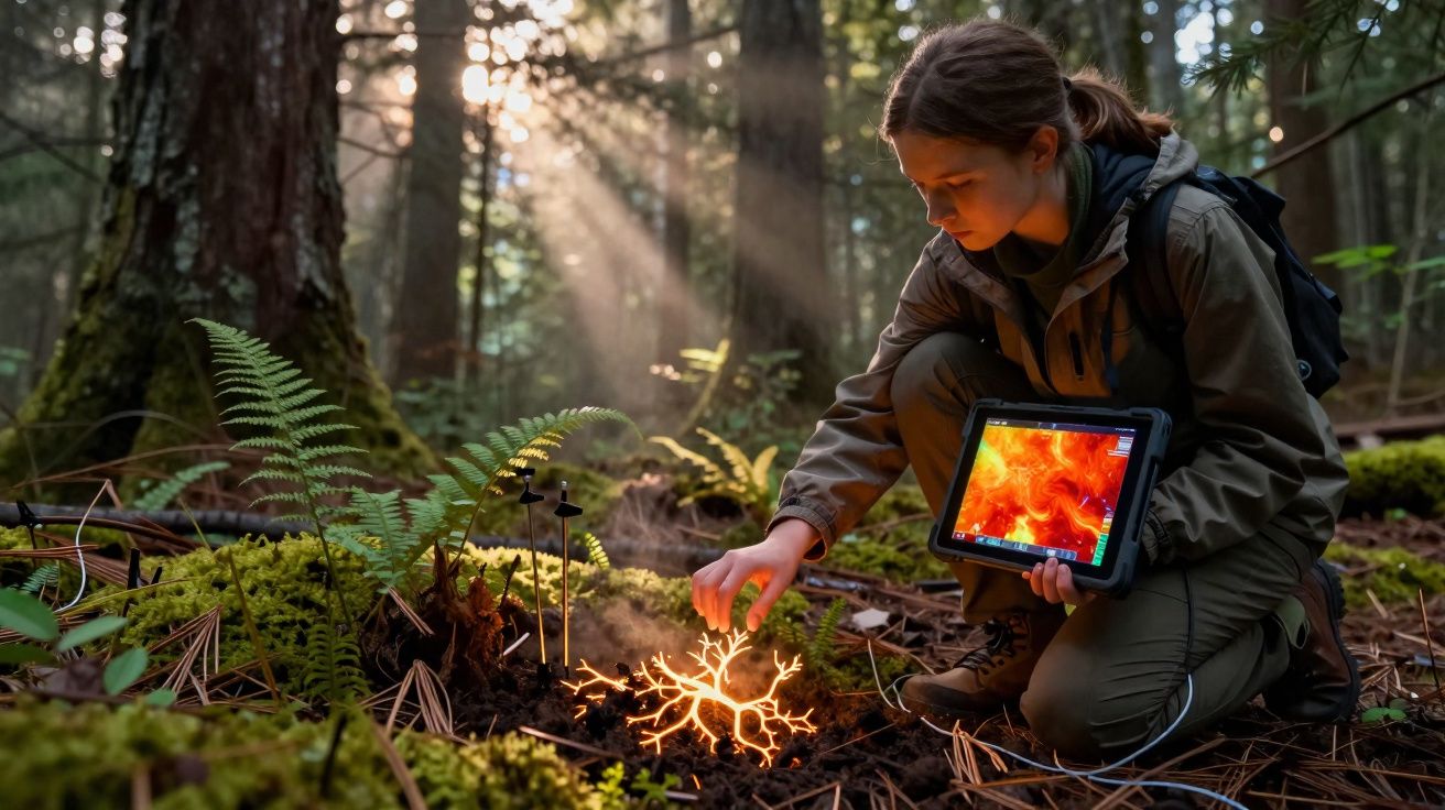 Person in outdoor gear kneeling in a forest examining glowing root-like structure with a tablet showing thermal imaging.