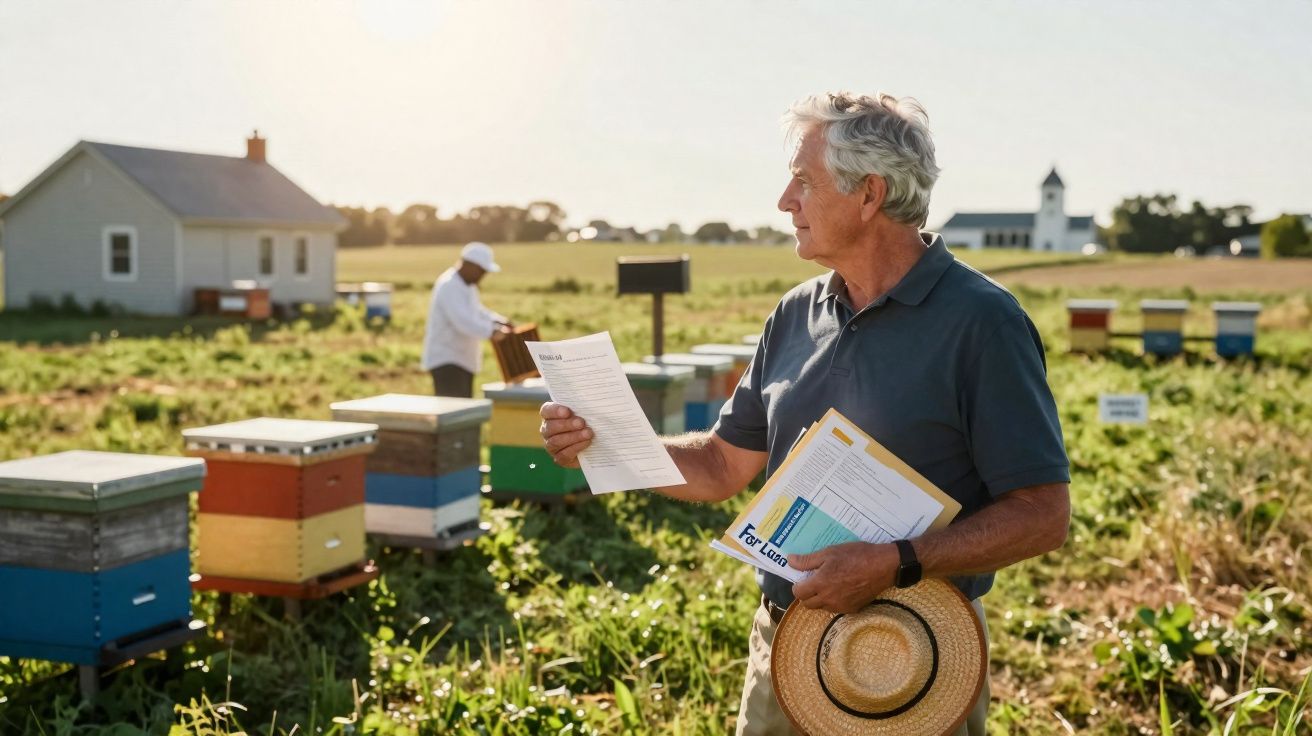 Man holding documents and a straw hat stands near colourful beehives in a sunny rural field with another beekeeper working in