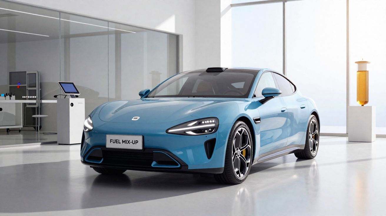 Sleek blue electric sports car with LED headlights displayed in a bright, modern showroom.