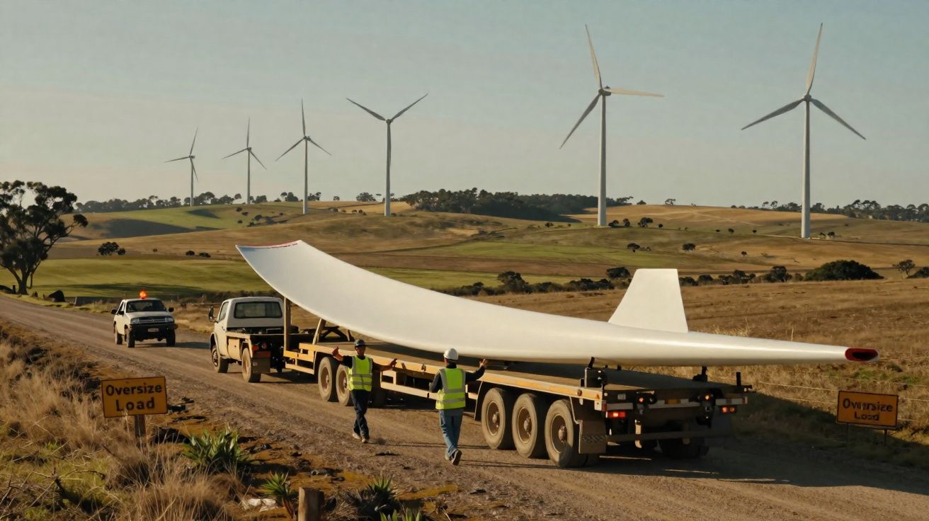 Wind turbine blade being transported on a trailer down a rural road with wind turbines in the background