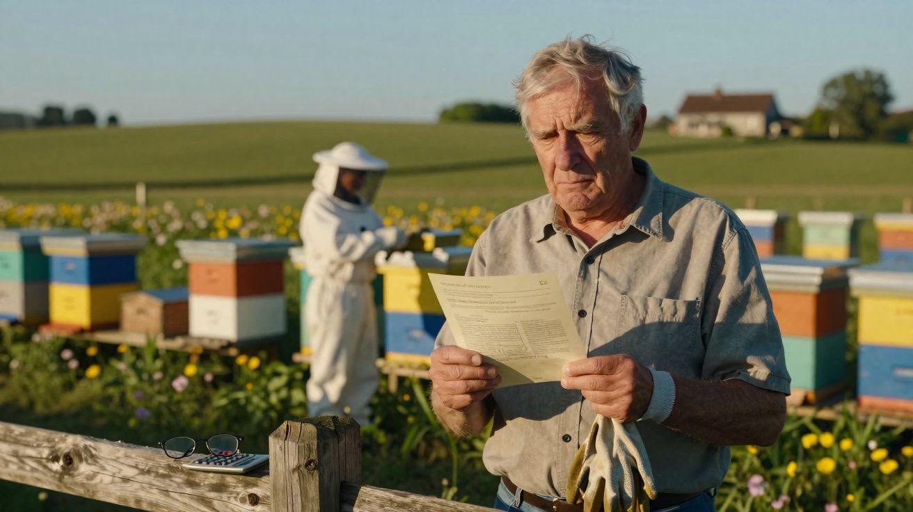 Elderly man reading a paper near colourful beehives with a beekeeper working in a field of sunflowers.