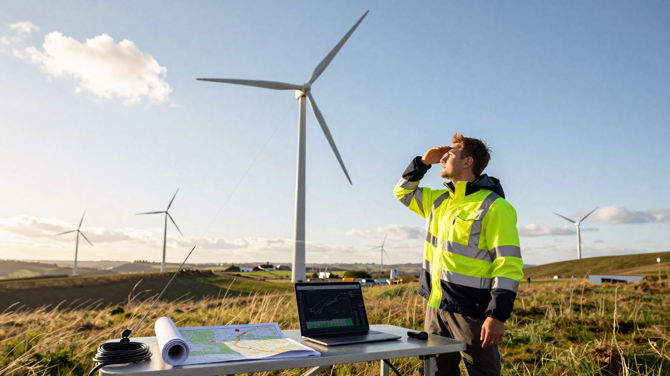 Engineer in high-visibility jacket surveying wind turbines outdoors with maps and laptop on a table.