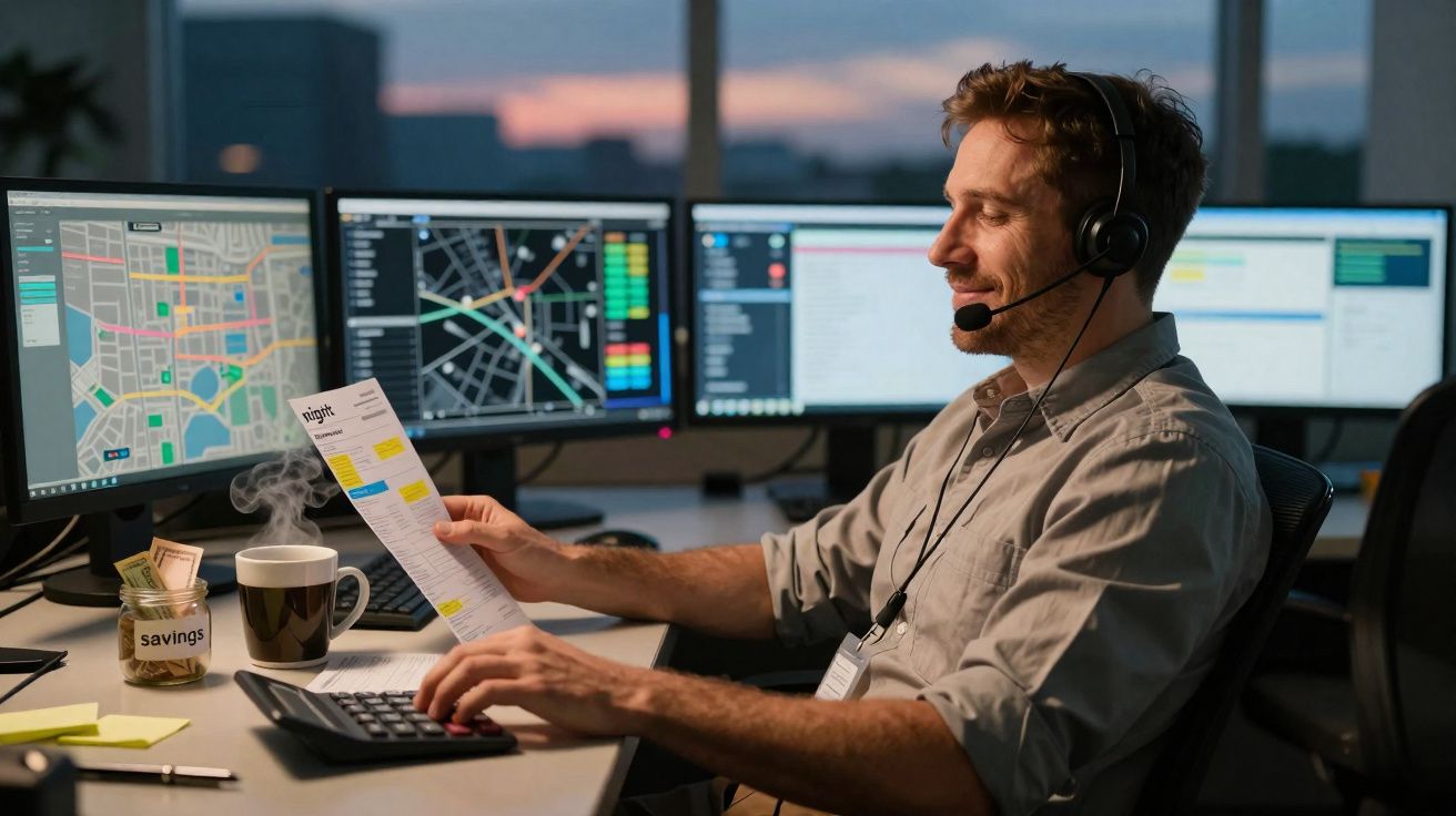 Man wearing headset working at a desk with multiple screens showing maps and charts, holding a document.