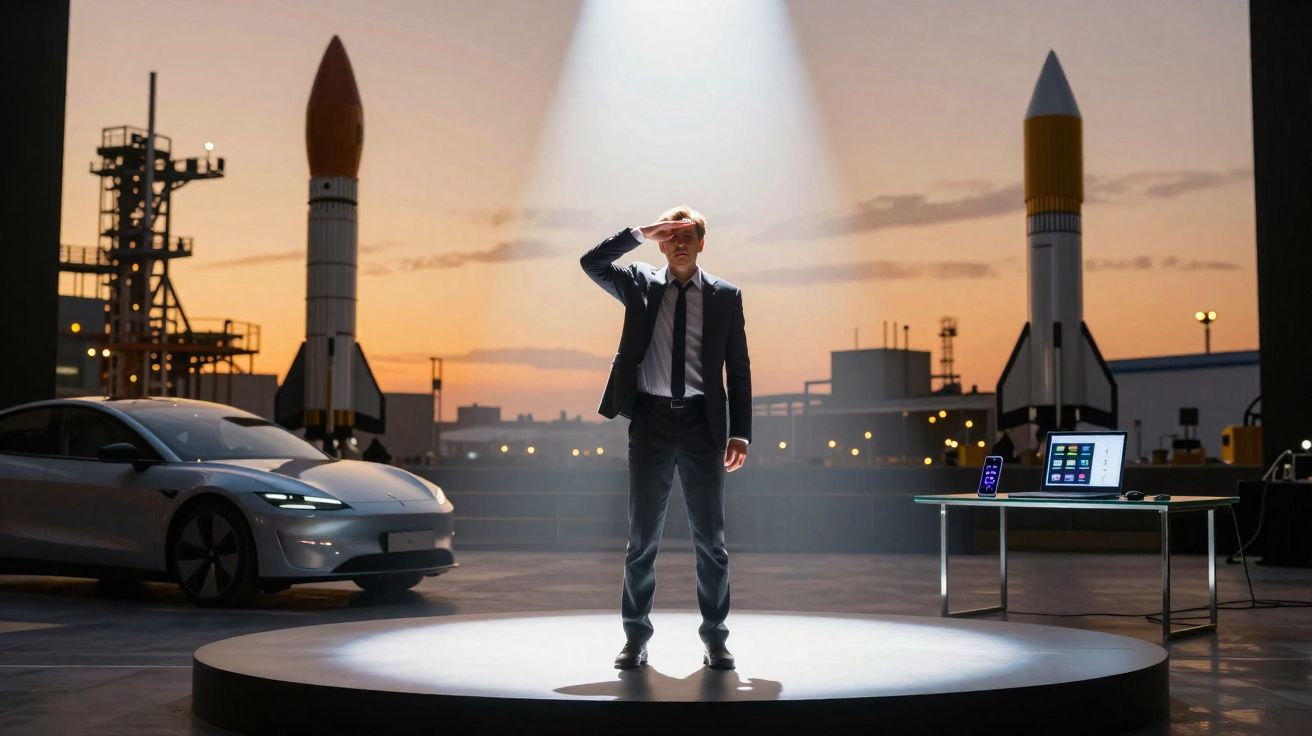 Man in suit standing on illuminated platform with rockets, electric car, and tech devices at sunset.