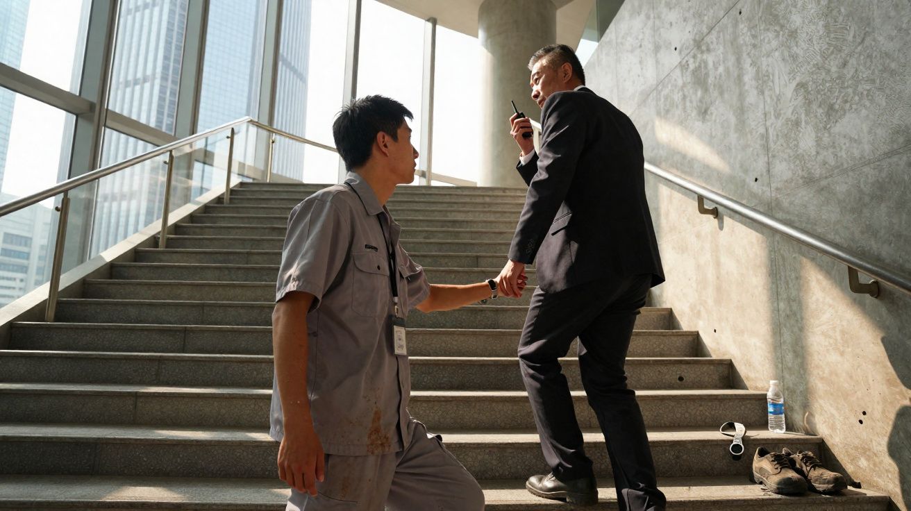 Man in work uniform helping man in suit up a concrete staircase in a modern building lobby.