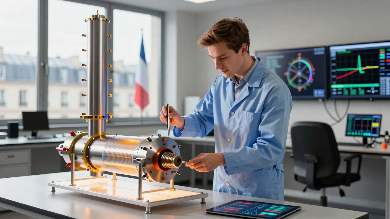 Scientist in a lab coat working on a cylindrical scientific device in a modern laboratory with digital monitors.