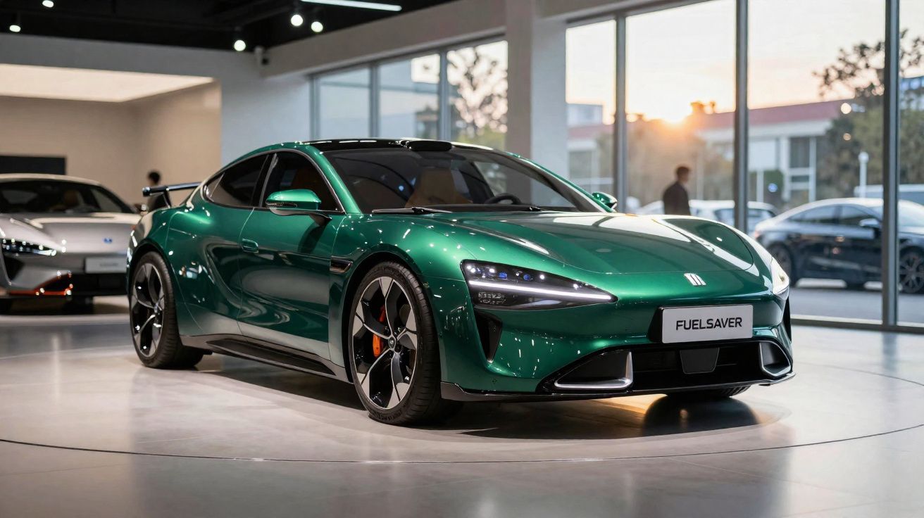 Green sleek sports car with Fuelsaver plate displayed inside a modern showroom with glass walls.