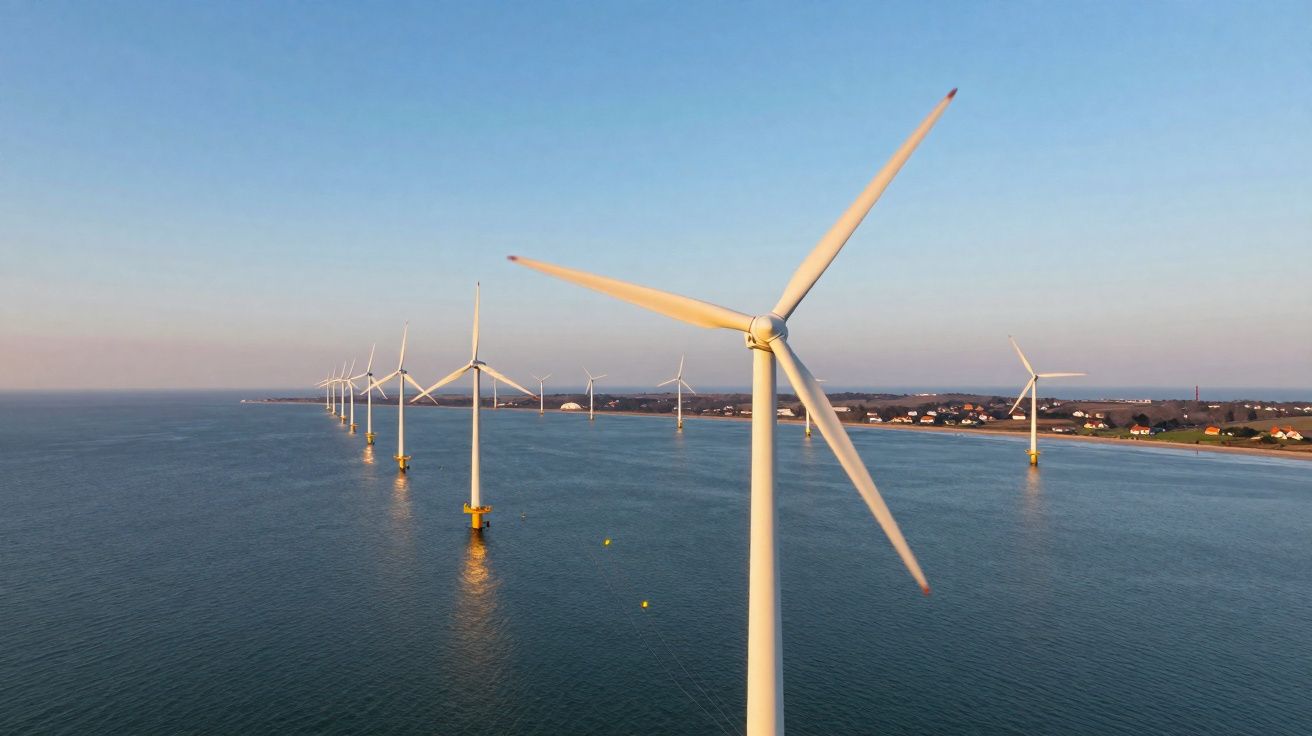 Offshore wind turbines in the sea near a coastal town under clear blue sky at sunset.